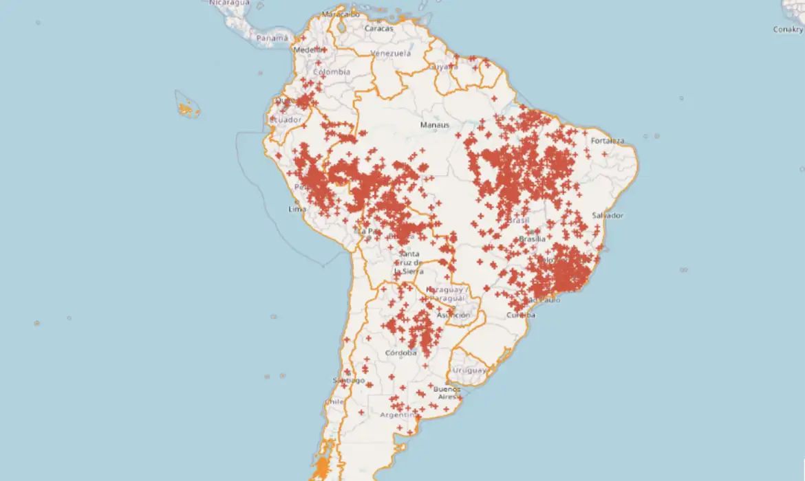 Nos últimos dois dias, o Brasil concentrou 71,9% de todas as queimadas registradas na América do Sul, segundo dados do sistema BDQueimadas.