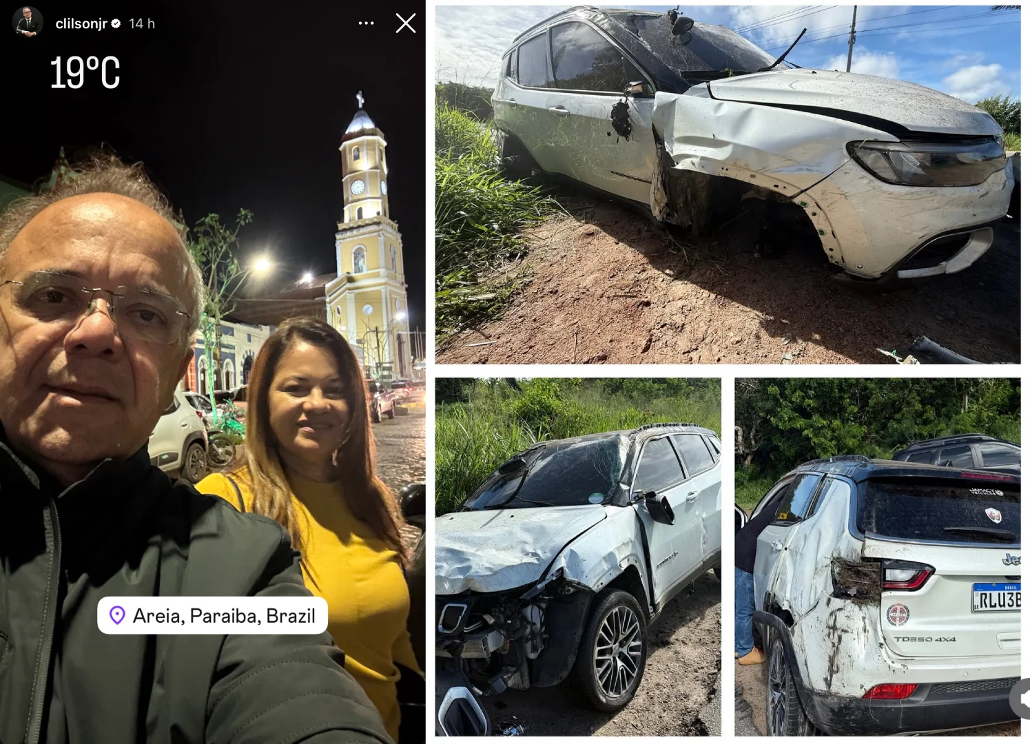Jornalista Clilson Júnior relata acidente sofrido com a esposa na madrugada deste domingo e agradece por estarem vivos: “Deus escreveu outro desfecho”
