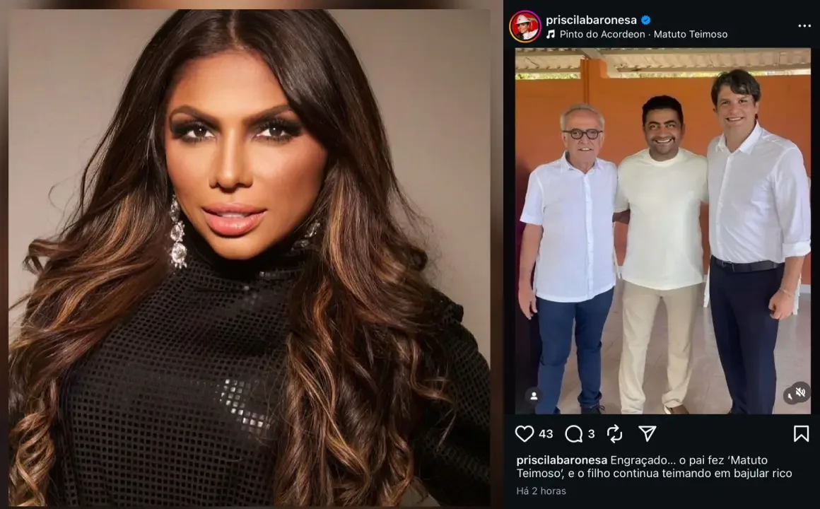 Filha de Pinto do Acordeon, Priscila Baronesa critica irmão por foto com Cícero Lucena e Leo Bezerra: “Matuto teimoso, continua teimando”