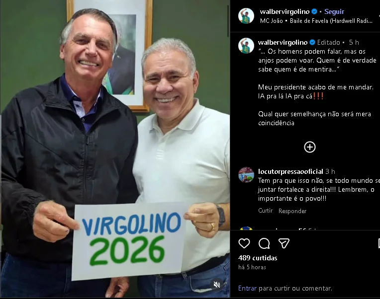 Walber Virgolino (PL) reagiu, nesta quarta-feira (12), à foto publicada por Nilvan Ferreira