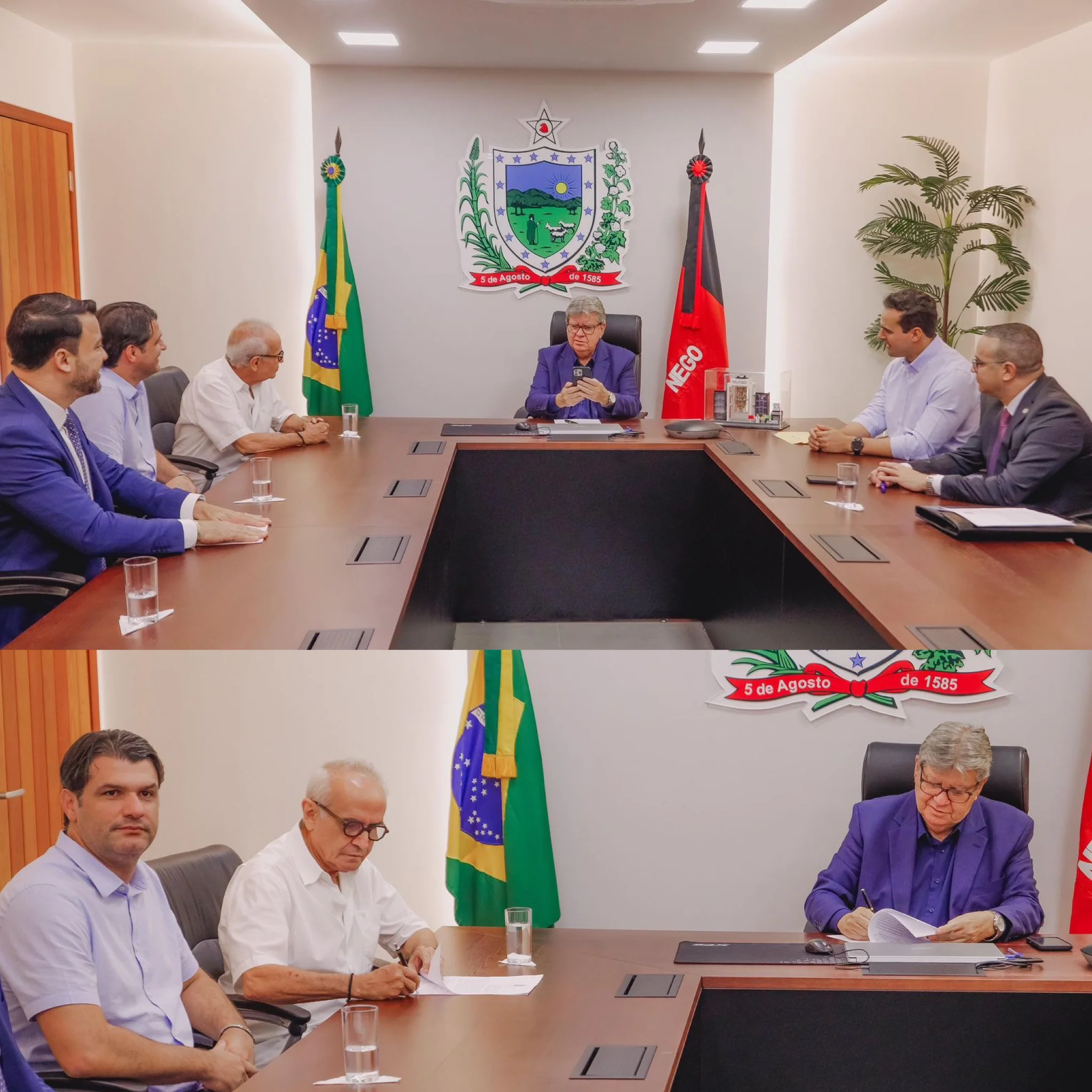 Cícero Lucena, Léo Bezerra, João Azevêdo e Lucas Ribeiro sentados à mesma mesa