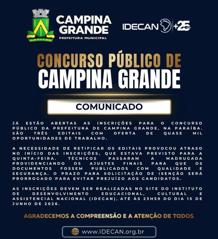 Idecan amplia prazo de inscrições para concurso da Prefeitura de Campina Grande após ajustes nos editais