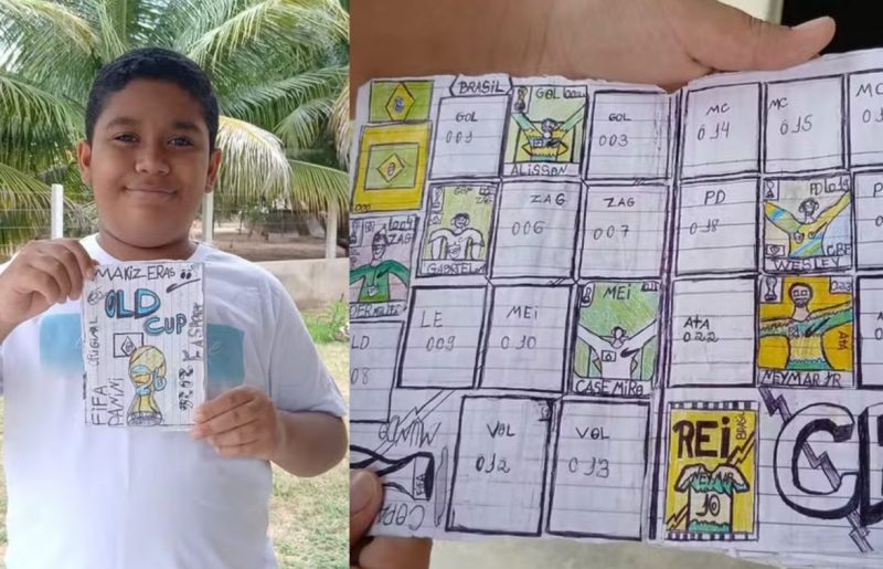 Sem dinheiro para comprar figurinhas, menino paraibano cria próprio álbum da Copa e viraliza nas redes sociais
